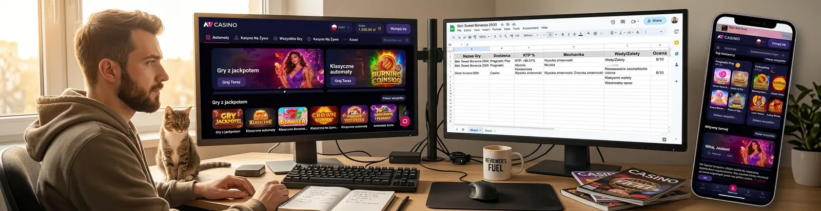Autor nv casino przy biurku z dokumentacją regulacyjną kasyn online.