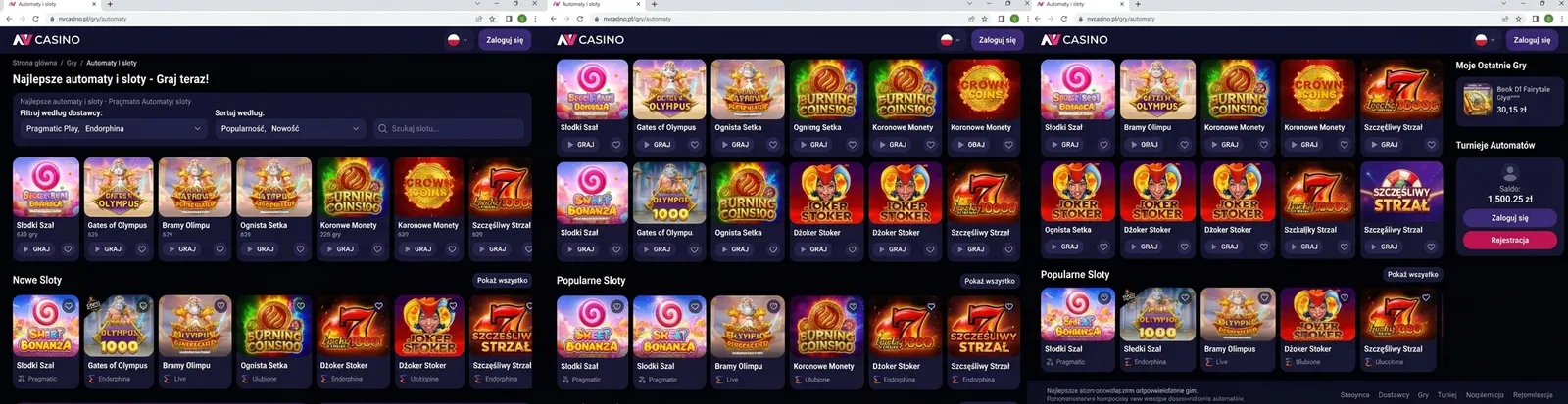 Ekran z selekcją gier slotowych w kasynie online