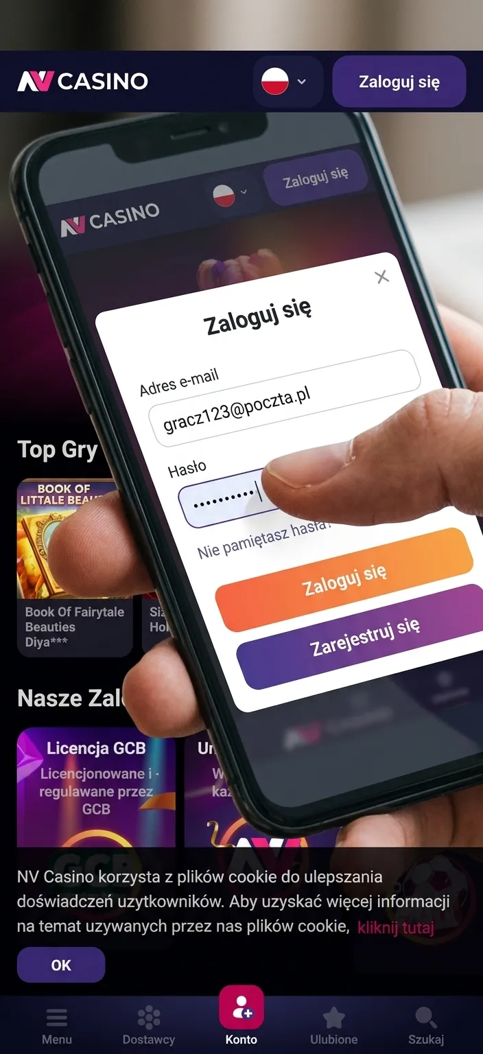 Ekran logowania NV Casino na smartfonie